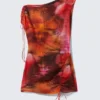Asymmetrisches, drapiertes Minikleid – Orange/Rot – Calypso-Blume Asymmetrisches, drapiertes Minikleid – Orange/Rot – Calypso-Blume
