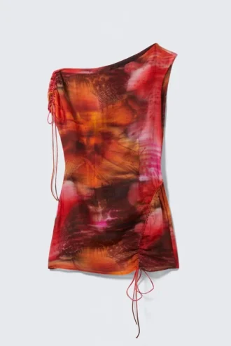 Asymmetrisches, drapiertes Minikleid – Orange/Rot – Calypso-Blume