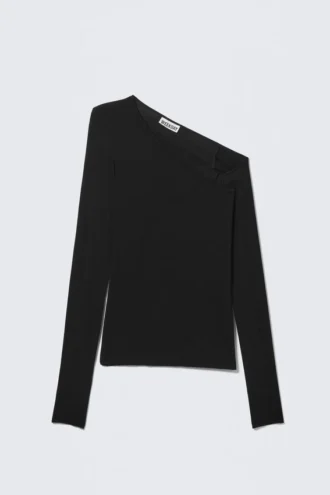Asymmetrisches Langarm-Shirt mit Rippstrick – Schwarz