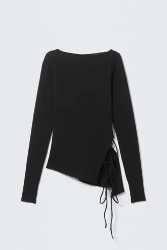 Asymmetrisches Langarmshirt mit gekreuztem Rücken – Schwarz Asymmetrisches Langarmshirt mit gekreuztem Rücken – Schwarz