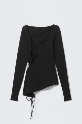 Asymmetrisches Langarmshirt mit gekreuztem Rücken – Schwarz Asymmetrisches Langarmshirt mit gekreuztem Rücken – Schwarz