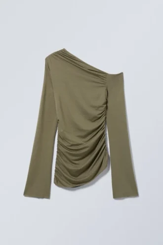 Asymmetrisches Lyocell-Oberteil mit fließendem Fall – Staubiges Khaki-Grün