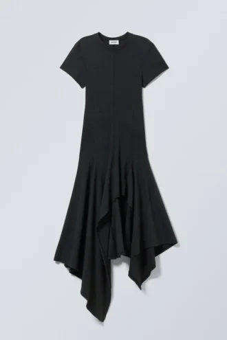 Asymmetrisches Midi-Kleid in gewaschener Optik – Schwarz Asymmetrisches Midi-Kleid in gewaschener Optik – Schwarz