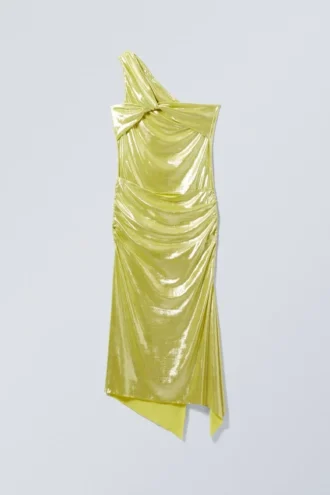 Asymmetrisches Midikleid mit Überlappung und Drapierung – Glänzendes Gelb