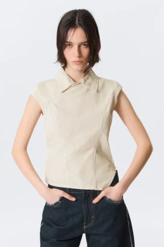 Asymmetrisches Ripstop-Oberteil mit Flügelärmeln – Hellbeige