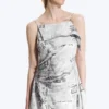 Asymmetrisches, ärmelloses Midi-Kleid mit Wasserfallausschnitt – Schwarz/Weiß-Print Asymmetrisches, ärmelloses Midi-Kleid mit Wasserfallausschnitt – Schwarz/Weiß-Print