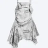 Asymmetrisches, ärmelloses Midi-Kleid mit Wasserfallausschnitt – Schwarz/Weiß-Print Asymmetrisches, ärmelloses Midi-Kleid mit Wasserfallausschnitt – Schwarz/Weiß-Print