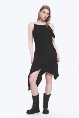 Asymmetrisches, ärmelloses Midikleid mit Cowl-Ausschnitt – Schwarz
