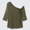 Asymmetrisches, schulterfreies Oberteil mit Dreiviertelärmeln – Khaki-Grün Asymmetrisches, schulterfreies Oberteil mit Dreiviertelärmeln – Khaki-Grün