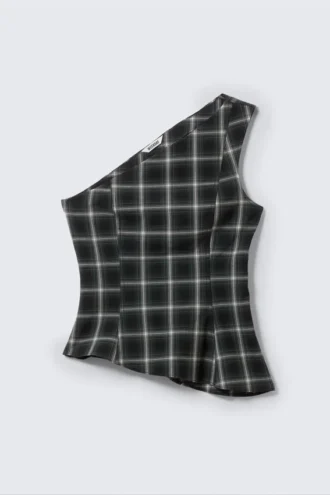 Asymmetrisches, tailliertes One-Shoulder-Top – kariert, schwarz