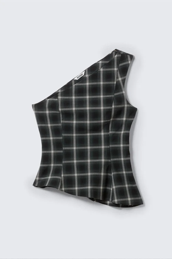 Asymmetrisches, tailliertes One-Shoulder-Top – kariert, schwarz Asymmetrisches, tailliertes One-Shoulder-Top – kariert, schwarz