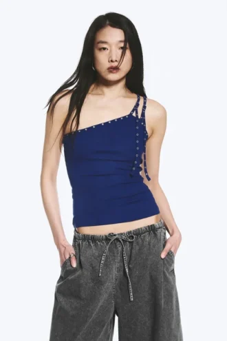 Asymmetrisches Tanktop mit Ösen – Hellblau