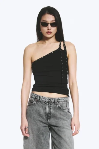 Asymmetrisches Tanktop mit Ösenverzierung – Schwarz
