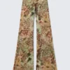 Ausgestellte Hose aus bedrucktem Mesh – Braun & Grün – Blumenpunkte