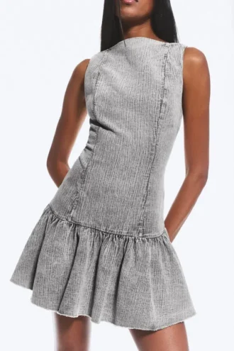 Ausgestelltes Minikleid aus Twill mit U-Boot-Ausschnitt – gewaschenes Grau