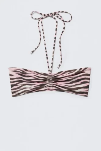 Bandeau-Halter-Bikini-Oberteil mit Kordelzug – Rosa – Tigerstreifen