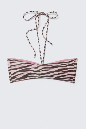 Bandeau-Halter-Bikini-Oberteil mit Kordelzug – Rosa – Tigerstreifen
