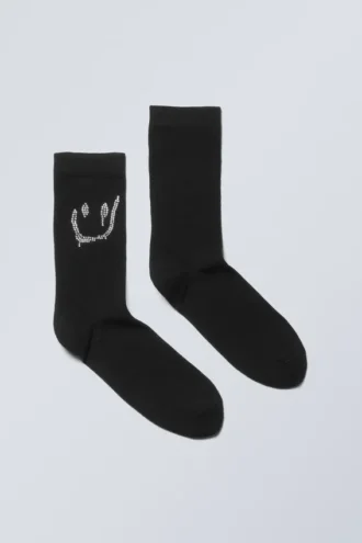 Baumwollsocken mit Strasssteinen – Schwarze Strasssteine, tropfendes Lächeln