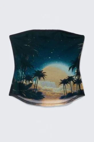 Bedrucktes Bandeau-Top aus Mesh – Dunkel-Türkis – Sonnenuntergang
