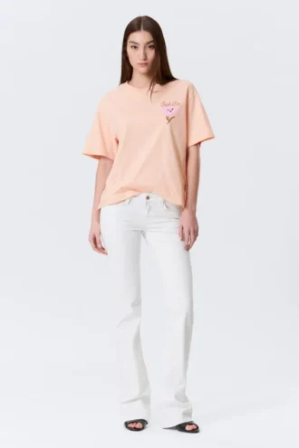 Bedrucktes Box-T-Shirt – Hellorange – Rosa Blume