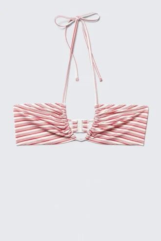 Bedrucktes, gerafftes Neckholder-Bandeau-Bikini-Oberteil – Rot mit mehreren Streifen