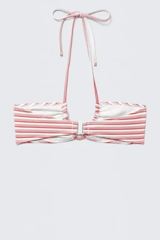 Bedrucktes, gerafftes Neckholder-Bandeau-Bikini-Oberteil – Rot mit mehreren Streifen