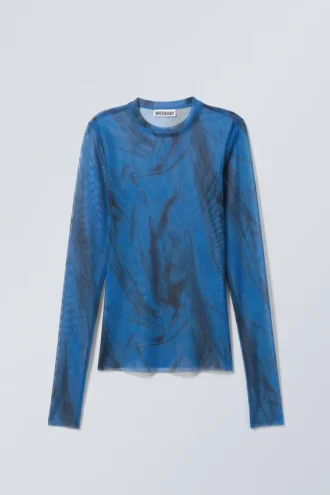 Bedrucktes Langarmshirt aus Mesh – Hellblau – Schwarze Striche