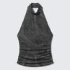 Bedrucktes Neckholder-Top mit offenem Rücken – Schwarz – Denim-Print Bedrucktes Neckholder-Top mit offenem Rücken – Schwarz – Denim-Print