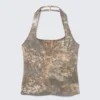 Bedrucktes Neckholder-Top mit quadratischem Ausschnitt – khakigrüner Druck Bedrucktes Neckholder-Top mit quadratischem Ausschnitt – khakigrüner Druck
