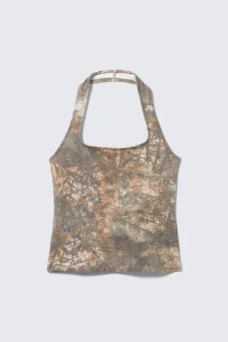 Bedrucktes Neckholder-Top mit quadratischem Ausschnitt – khakigrüner Druck