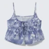 Bedrucktes Pyjama-Oberteil aus Baumwollpopeline mit Bindeband vorne – Blau – Baroque Collage