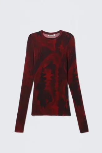 Bedrucktes, schmal geschnittenes Langarmshirt – dunkelroter Drachenprint
