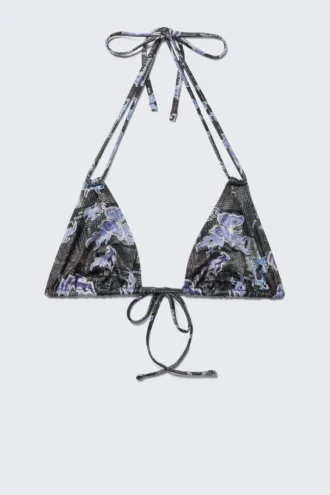 Bedrucktes Triangel-Halter-Bikini-Oberteil – Schwarz/Blau – Zeitungsmuster/Flammen