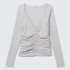 Belle B Strickjacke mit gerafftem V-Ausschnitt – Hellgrau meliert Belle B Strickjacke mit gerafftem V-Ausschnitt – Hellgrau meliert