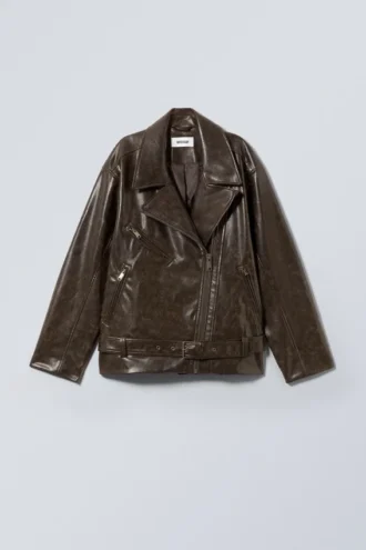 Übergroße Bikerjacke aus Kunstleder – Dunkelbraun