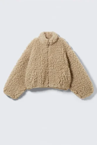 Übergroße, flauschige Jacke mit Reißverschluss – Dusty Beige