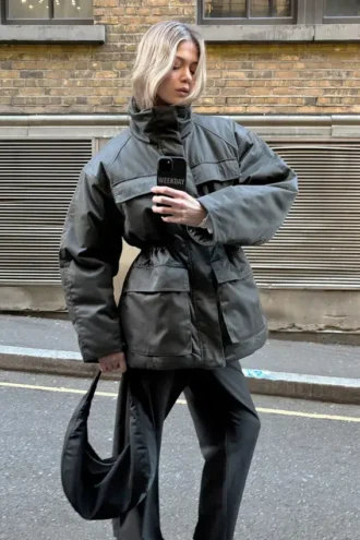 Übergroße, wattierte Utility-Jacke – Dunkelgrau
