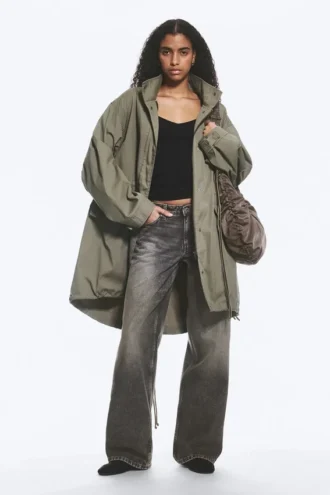 Übergroßer Canvas-Parka mit Trichterkragen – Khaki-Grün
