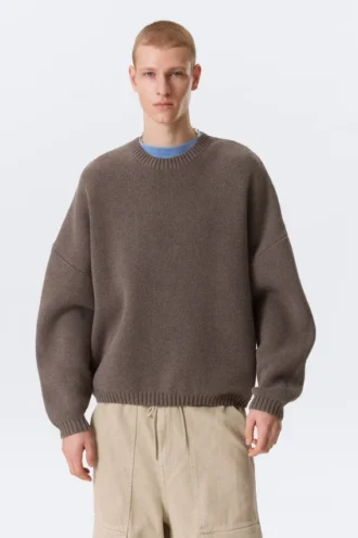Übergroßer, schwerer Baumwoll-Pullover – Braun meliert