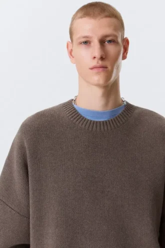 Übergroßer, schwerer Baumwoll-Pullover – Braun meliert