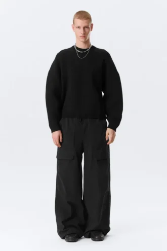Übergroßer, schwerer Baumwoll-Pullover – Schwarz