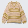 Übergroßer Strickpullover mit V-Ausschnitt – gestreift, gelb Übergroßer Strickpullover mit V-Ausschnitt – gestreift, gelb