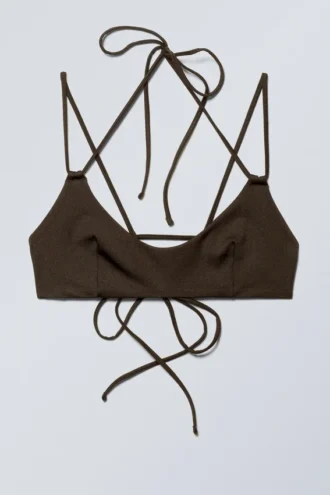 Bikini-Oberteil mit Trägern und Bindeband – Dunkelbraun
