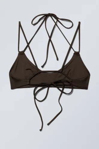 Bikini-Oberteil mit Trägern und Bindeband – Dunkelbraun