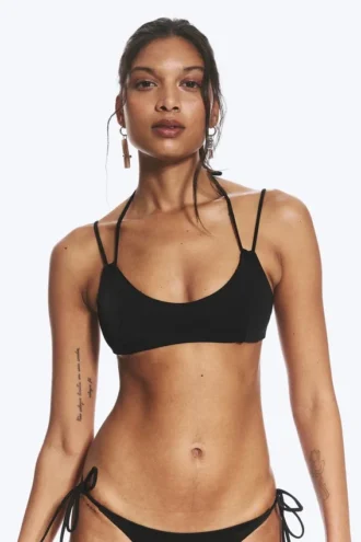 Bikini-Oberteil mit Trägern und Bindeband – Schwarz