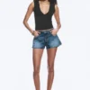 Bite Mini-Jeansshorts mit niedriger Leibhöhe – Radio Blue – Mittelblau