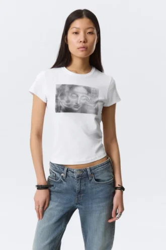 Boxy bedrucktes Kurzarm-T-Shirt – Weiß – Misty Face