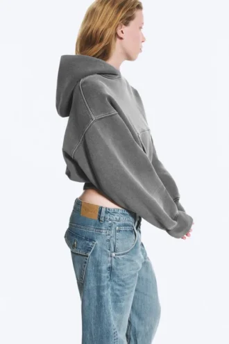 Boxy-Kapuzenpullover aus Baumwollfleece – gewaschen, dunkelgrau