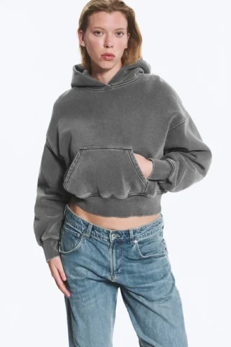 Boxy-Kapuzenpullover aus Baumwollfleece – gewaschen, dunkelgrau