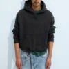 Boxy-Kapuzenpullover aus Baumwollfleece – gewaschenes Schwarz Boxy-Kapuzenpullover aus Baumwollfleece – gewaschenes Schwarz